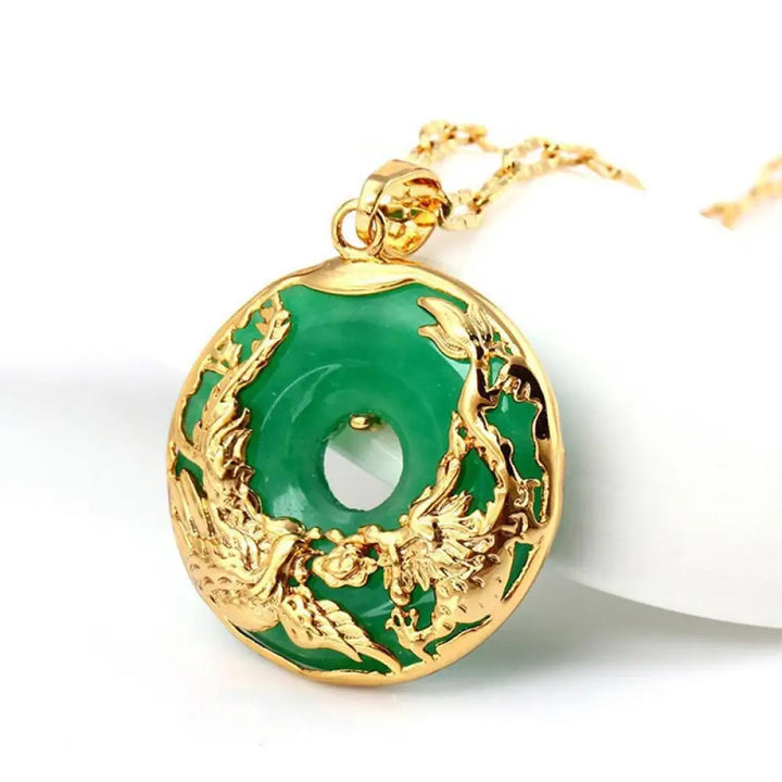 BWOOOH Natural Cyan Jade Prosperity Necklace, 43cm, featuring an alloy copper Dragon &amp; Phoenix pendant for marital harmony, financial growth, and spiritual balance.