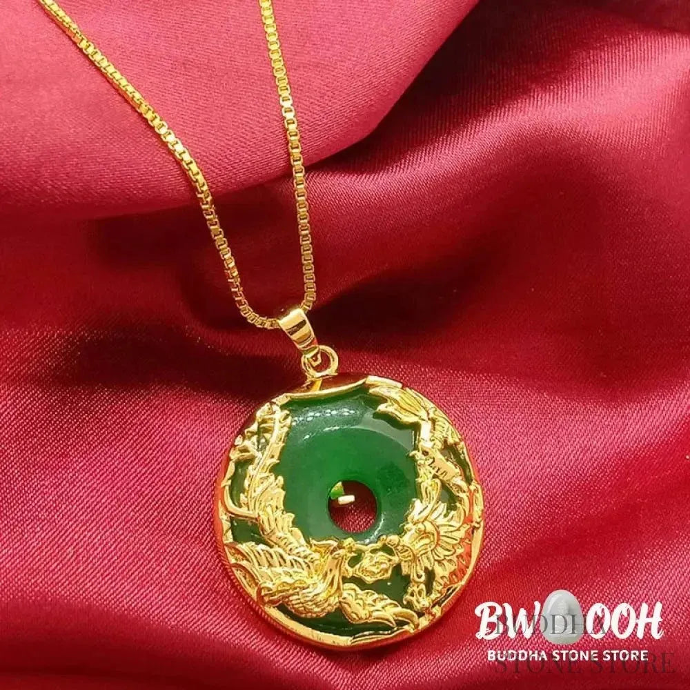 BWOOOH Natural Cyan Jade Prosperity Necklace, 43cm, featuring an alloy copper Dragon &amp; Phoenix pendant for marital harmony, financial growth, and spiritual balance. - View 6