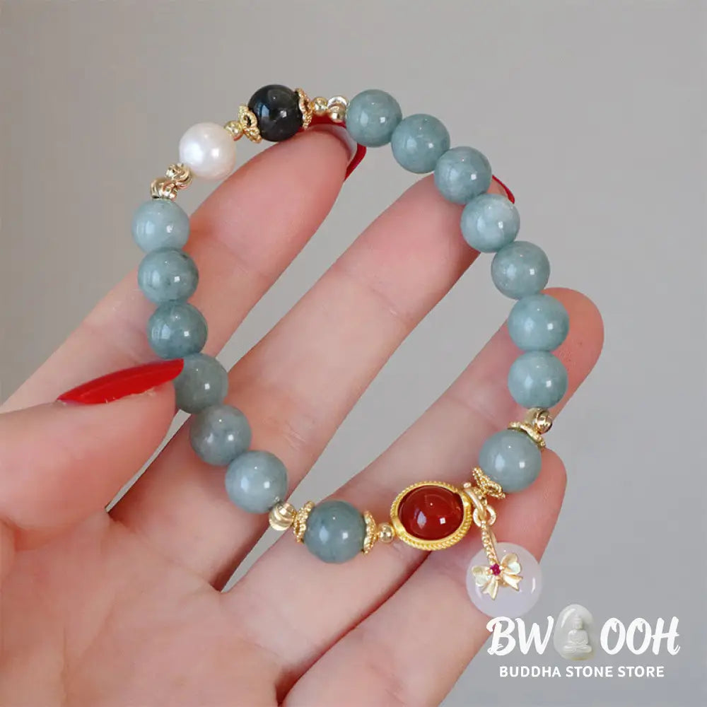 Buddha Stones Natural Jade Red Agate Pearl Bow Tie Luck Bracelet - BWOOOH - Jade Beads Bow Tie Bracelet(Wrist