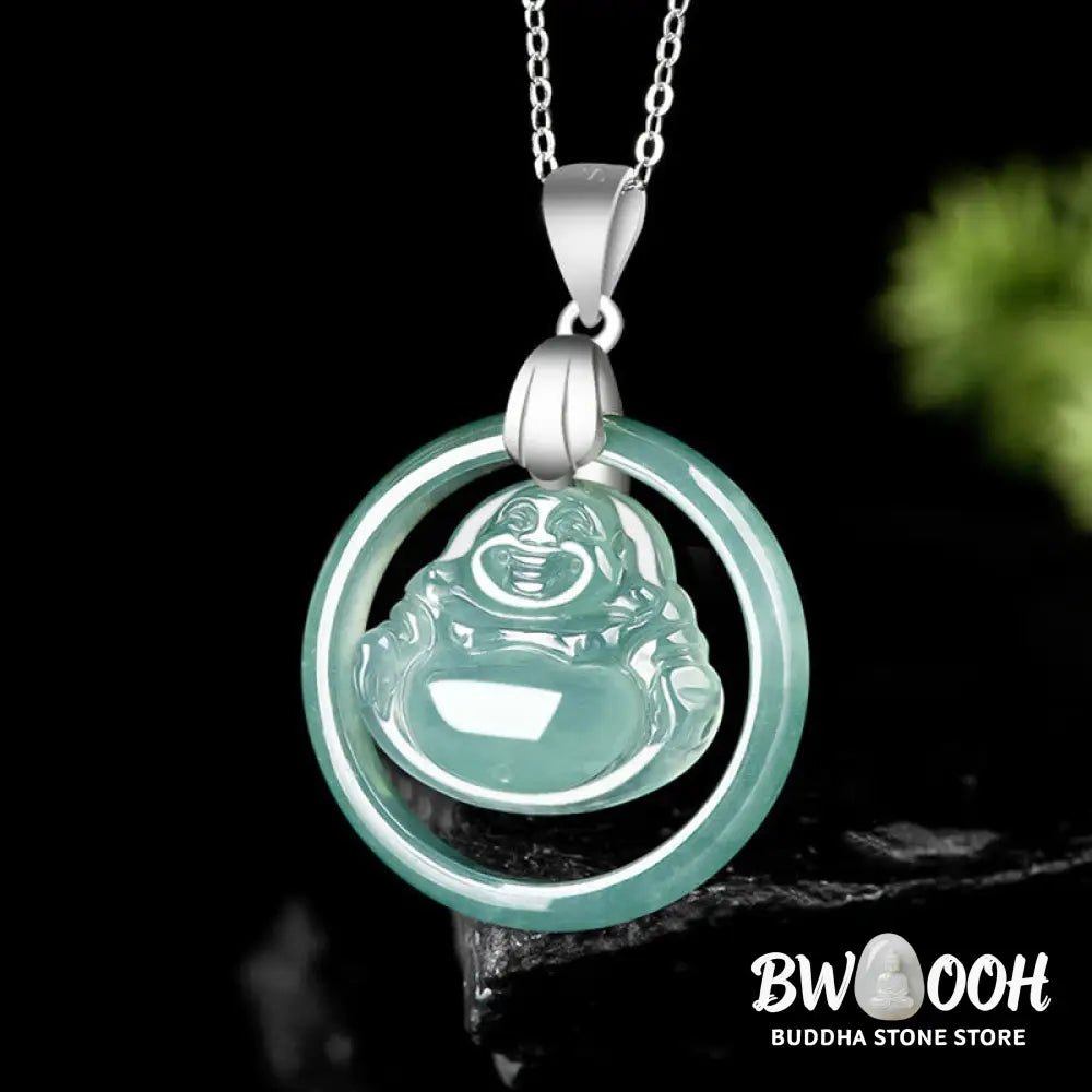 Buddha Stones Natural Jade Round Laughing Buddha Abundance Titanium Steel Chain Necklace Pendant - BWOOOH - Laughing