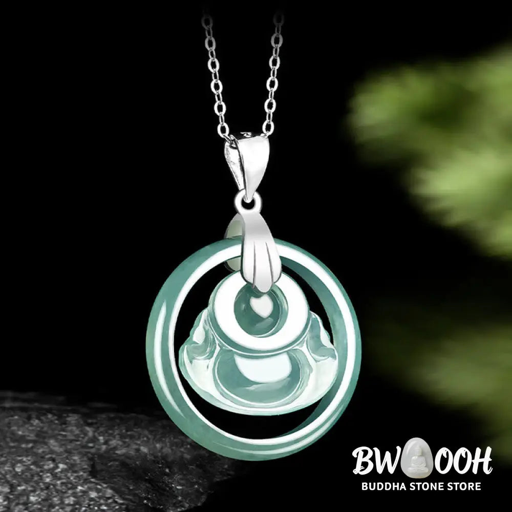 Buddha Stones Natural Jade Round Laughing Buddha Abundance Titanium Steel Chain Necklace Pendant - BWOOOH - Laughing