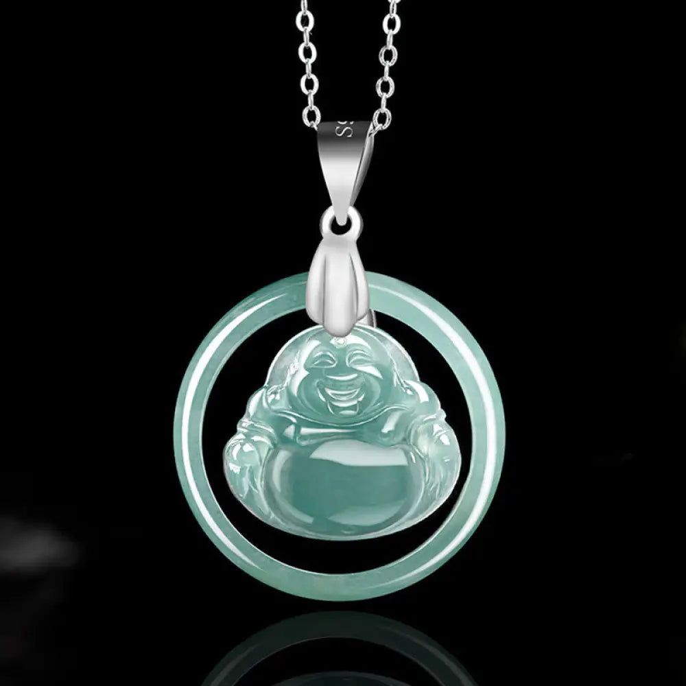 Buddha Stones Natural Jade Round Laughing Buddha Abundance Titanium Steel Chain Necklace Pendant - BWOOOH - Laughing