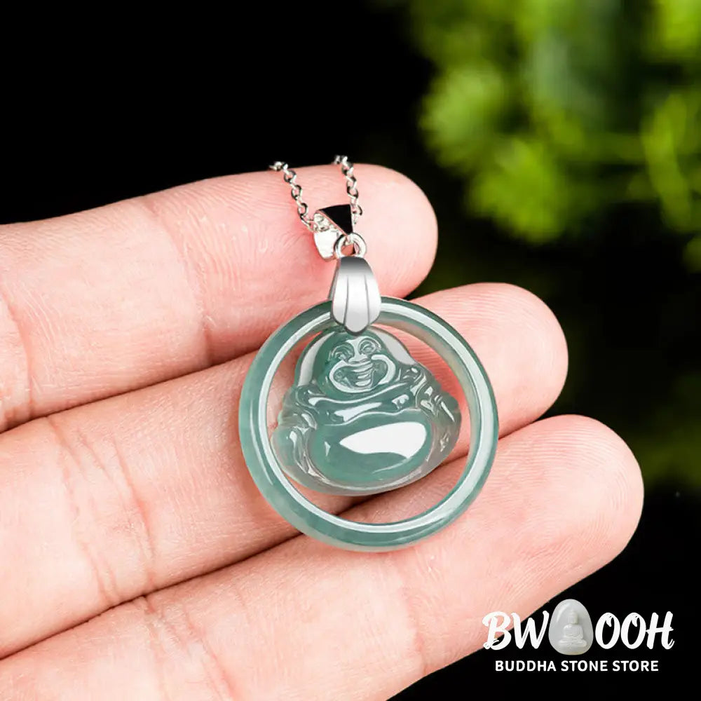 Buddha Stones Natural Jade Round Laughing Buddha Abundance Titanium Steel Chain Necklace Pendant - BWOOOH - Laughing