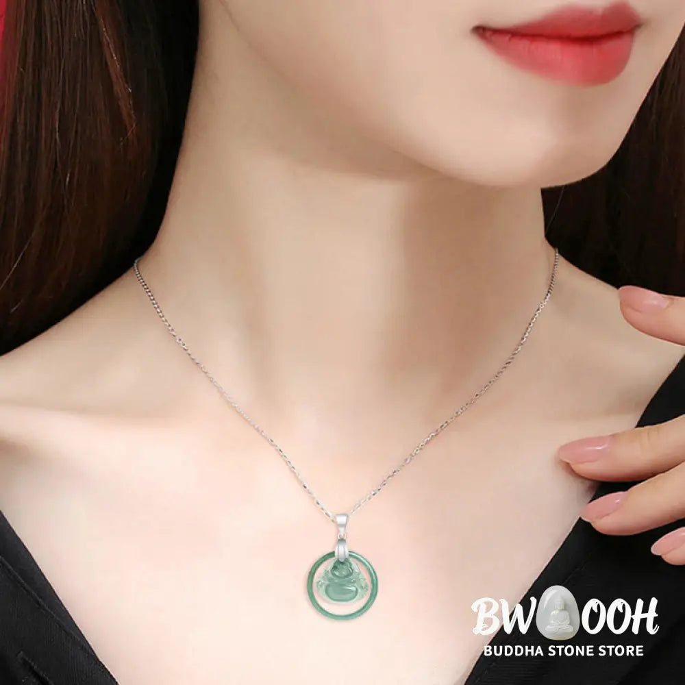 Buddha Stones Natural Jade Round Laughing Buddha Abundance Titanium Steel Chain Necklace Pendant - BWOOOH - Laughing