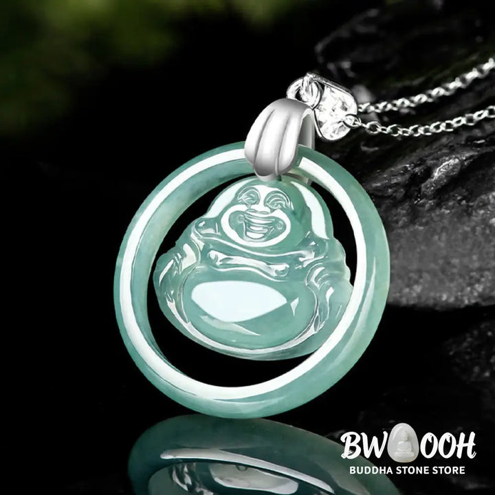 Buddha Stones Natural Jade Round Laughing Buddha Abundance Titanium Steel Chain Necklace Pendant - BWOOOH - Laughing