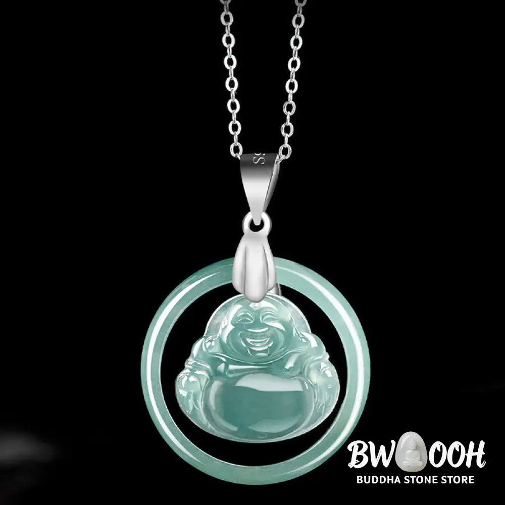 Buddha Stones Natural Jade Round Laughing Buddha Abundance Titanium Steel Chain Necklace Pendant - BWOOOH - Laughing