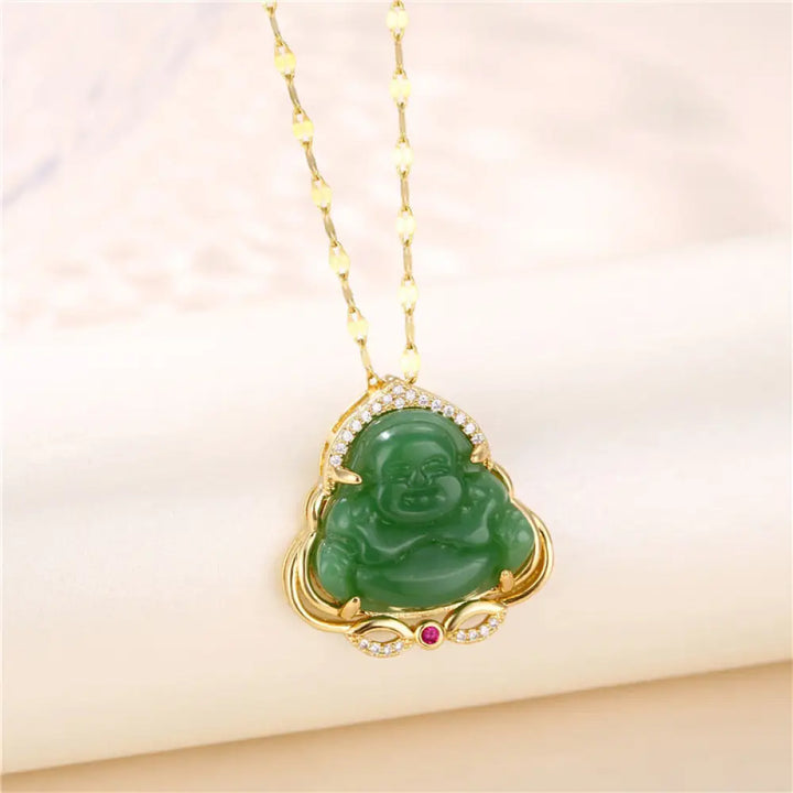 BWOOOH Natural Laughing Buddha Peace Necklace — jade, chalcedony, titanium steel pendant for prosperity, harmony, and serenity