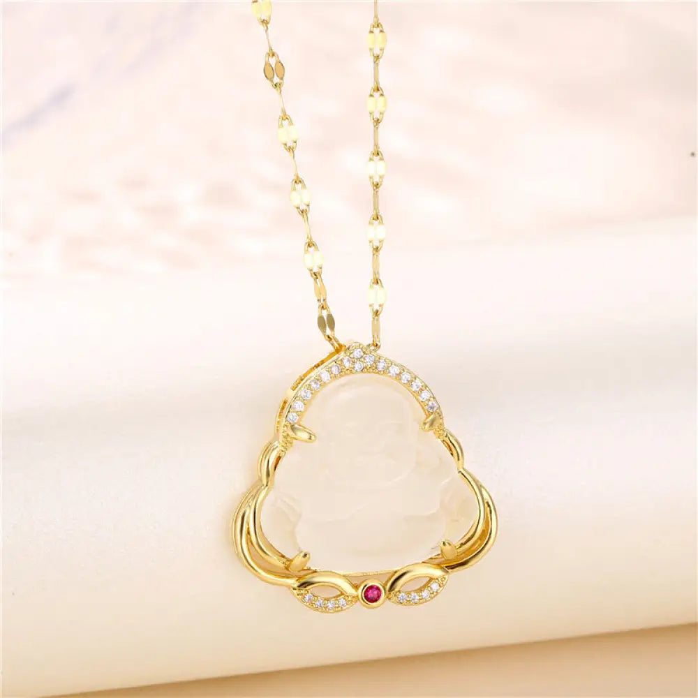 Buddha Stones Natural Laughing Buddha Peace Necklace - BWOOOH - White - Necklaces &amp; Pendants