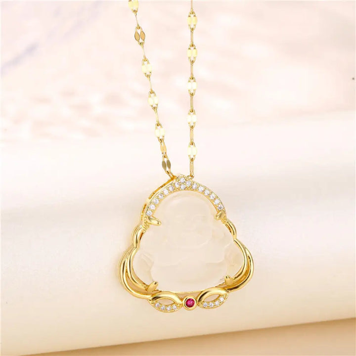 Buddha Stones Natural Laughing Buddha Peace Necklace - BWOOOH - White - Necklaces &amp; Pendants