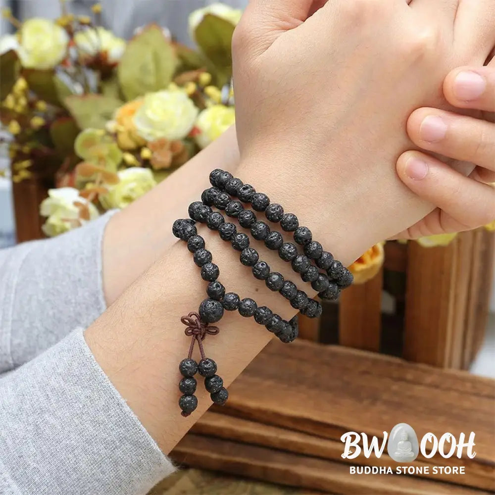 BWOOOH Natural Lava Rock 108 Bead Protection Bracelet, handcrafted 6mm matte black lava stone mala for meditation, spiritual grounding, and anxiety relief. Unisex, eco-friendly. - View 3