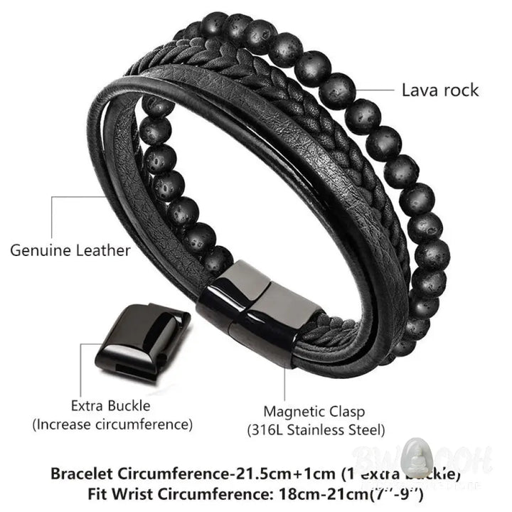 Buddha Stones Natural Lava Rock Black Onyx Bead Leather Bracelet - BWOOOH - Bracelet