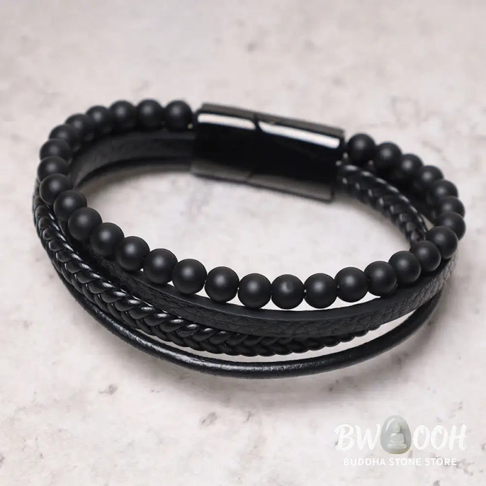 Buddha Stones Natural Lava Rock Black Onyx Bead Leather Bracelet - BWOOOH - Bracelet