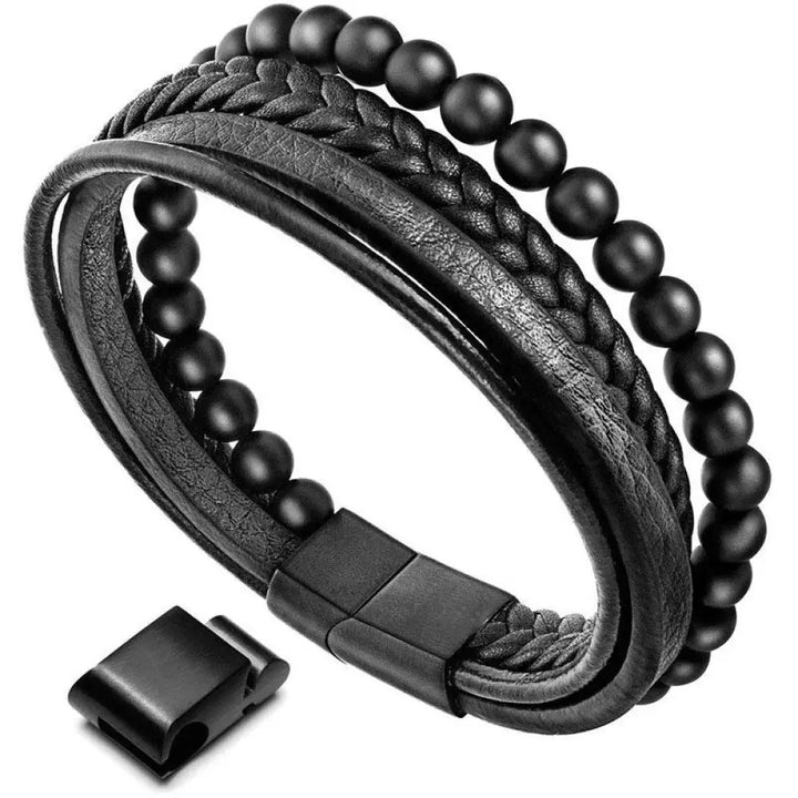 Buddha Stones Natural Lava Rock Black Onyx Bead Leather Bracelet - BWOOOH - Black Onyx - Bracelet