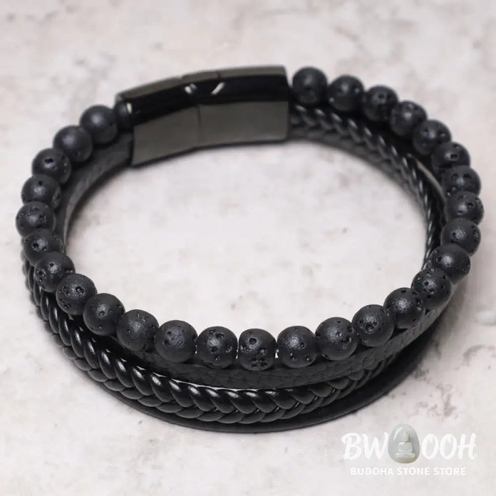 Buddha Stones Natural Lava Rock Black Onyx Bead Leather Bracelet - BWOOOH - Bracelet