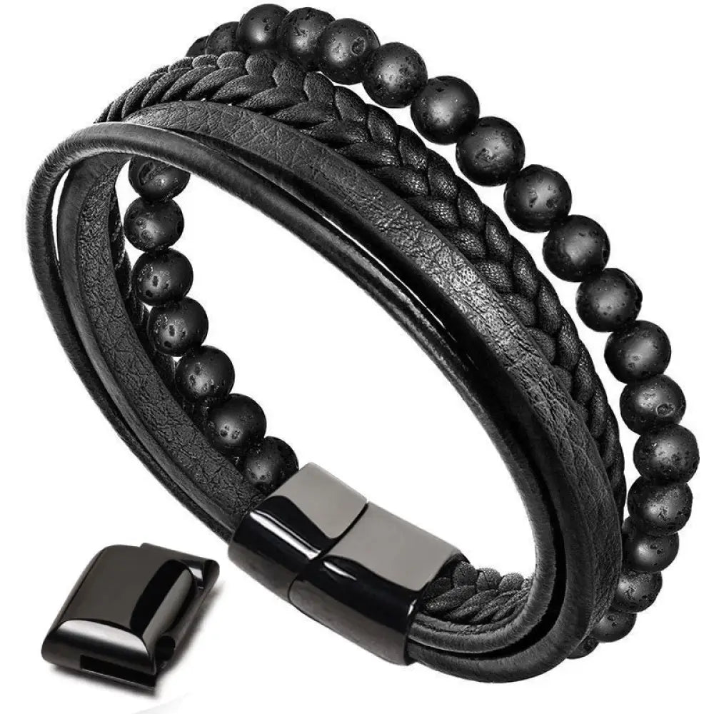 Buddha Stones Natural Lava Rock Black Onyx Bead Leather Bracelet - BWOOOH - Bracelet