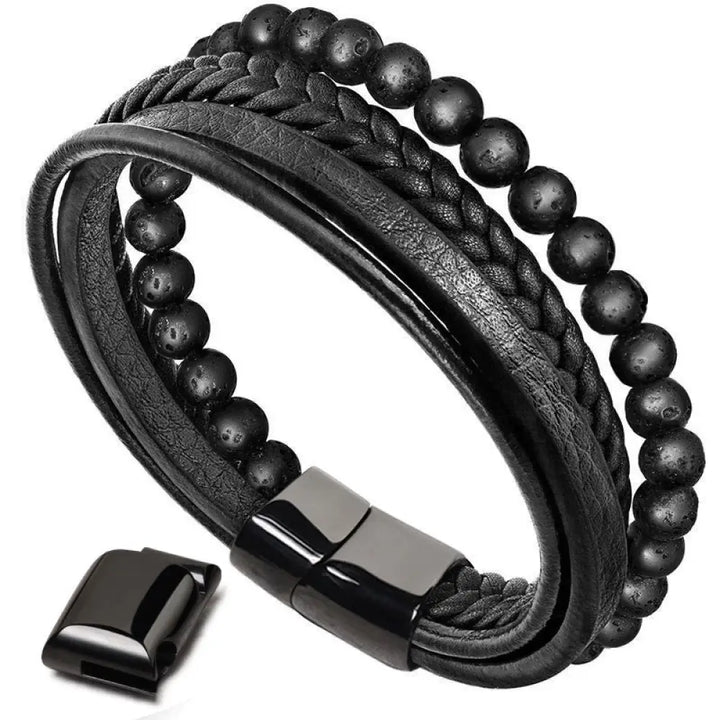 Buddha Stones Natural Lava Rock Black Onyx Bead Leather Bracelet - BWOOOH - Bracelet