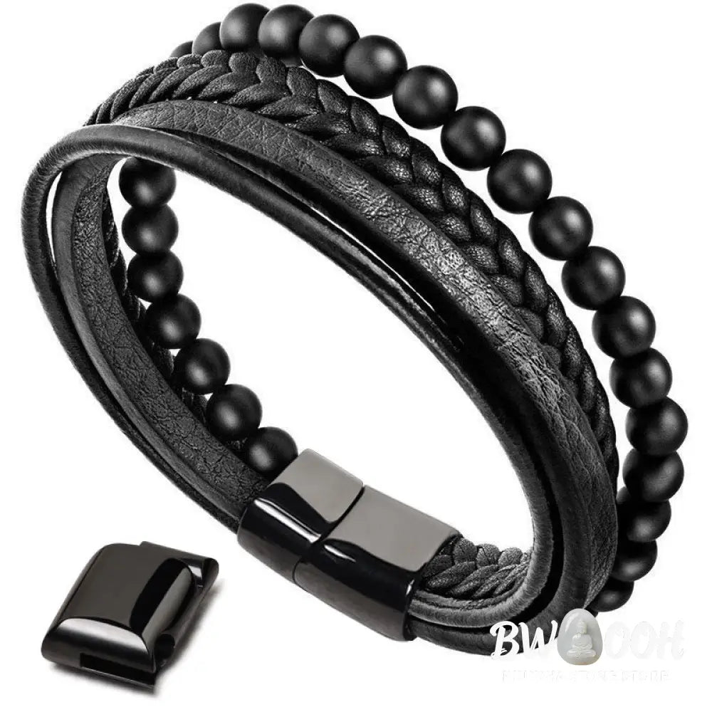 Buddha Stones Natural Lava Rock Black Onyx Bead Leather Bracelet - BWOOOH - Bracelet