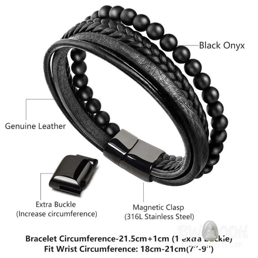 Buddha Stones Natural Lava Rock Black Onyx Bead Leather Bracelet - BWOOOH - Bracelet