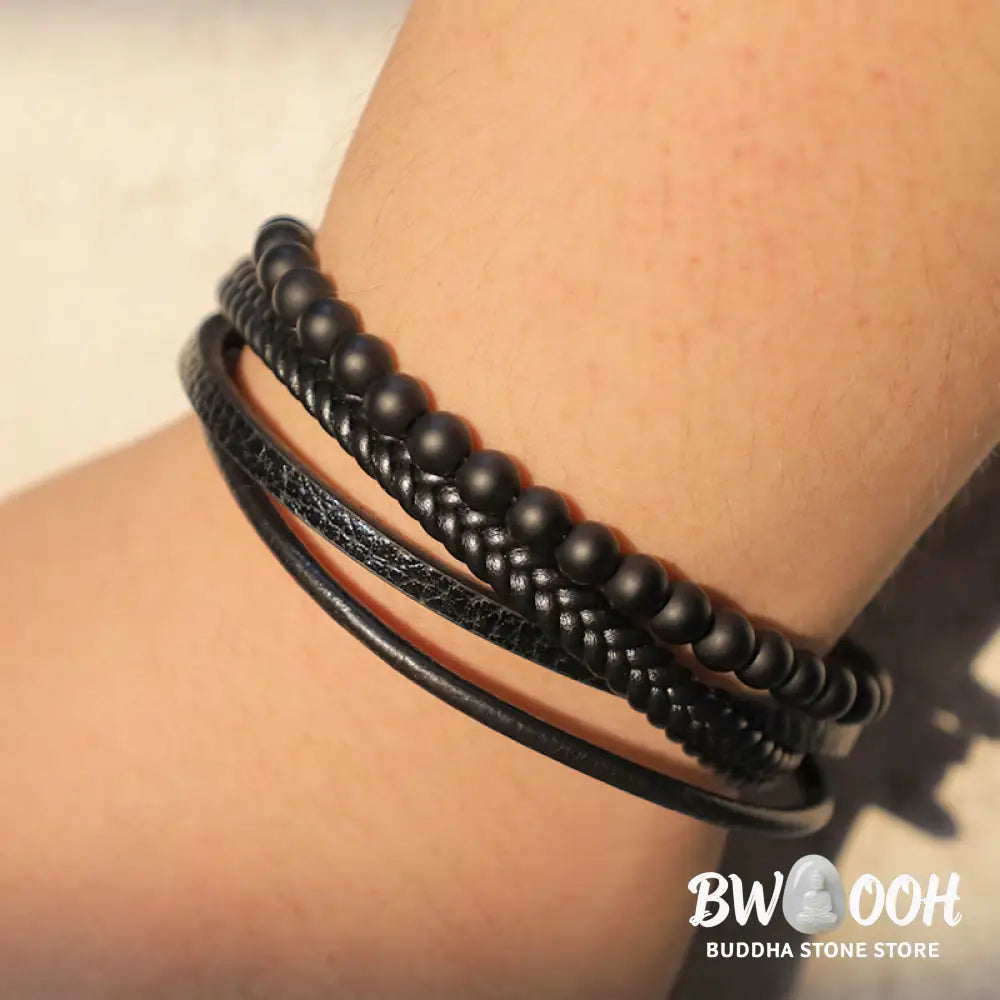 Buddha Stones Natural Lava Rock Black Onyx Bead Leather Bracelet - BWOOOH - Bracelet