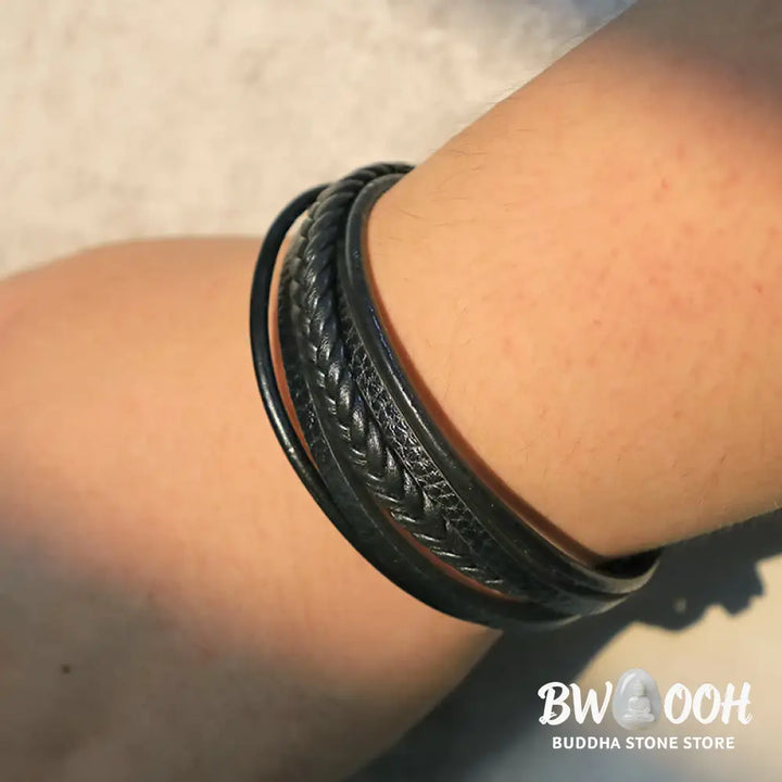Buddha Stones Natural Lava Rock Black Onyx Bead Leather Bracelet - BWOOOH - Bracelet