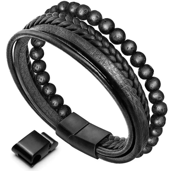 Buddha Stones Natural Lava Rock Black Onyx Bead Leather Bracelet - BWOOOH - Lava Rock - Bracelet