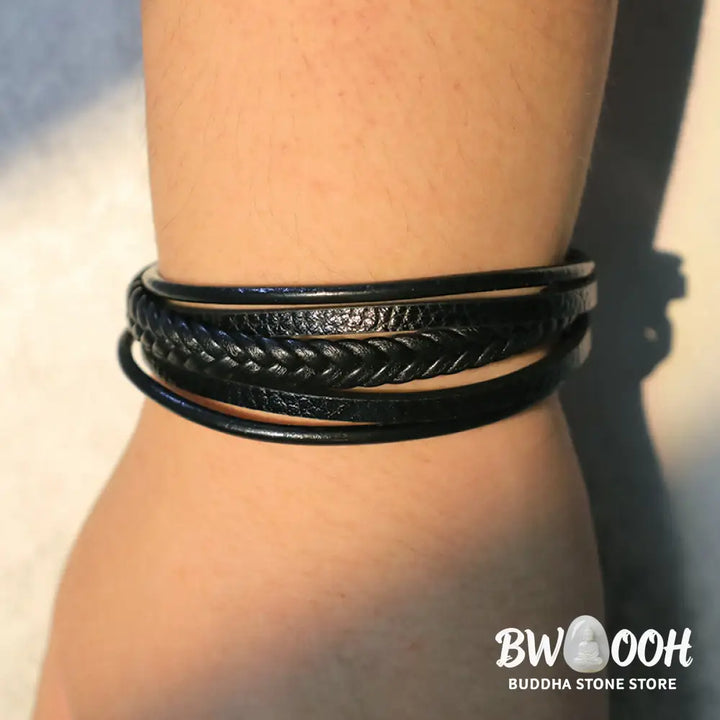 Buddha Stones Natural Lava Rock Black Onyx Bead Leather Bracelet - BWOOOH - Bracelet