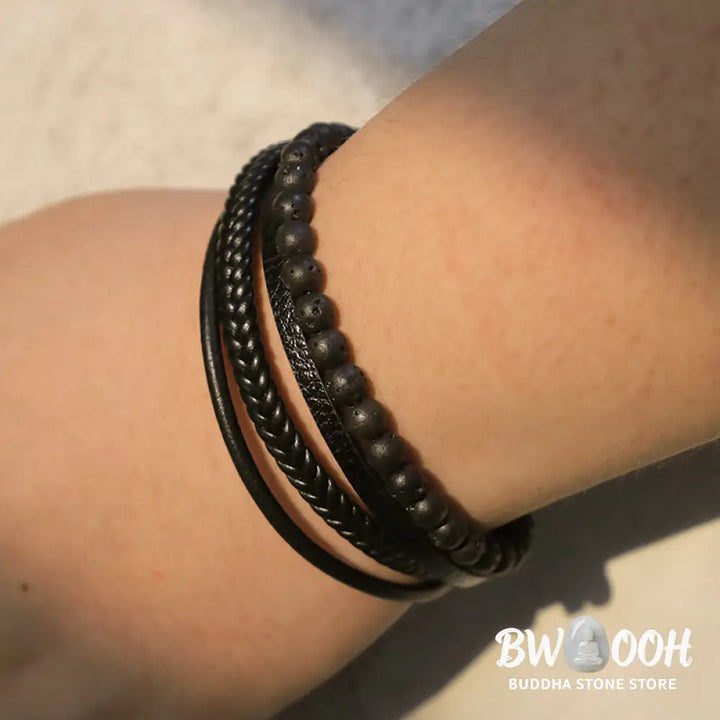 Buddha Stones Natural Lava Rock Black Onyx Bead Leather Bracelet - BWOOOH - Bracelet