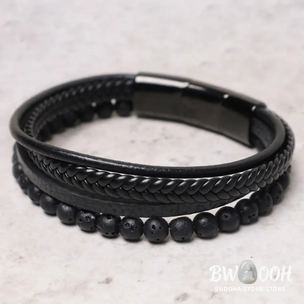 Buddha Stones Natural Lava Rock Black Onyx Bead Leather Bracelet - BWOOOH - Bracelet