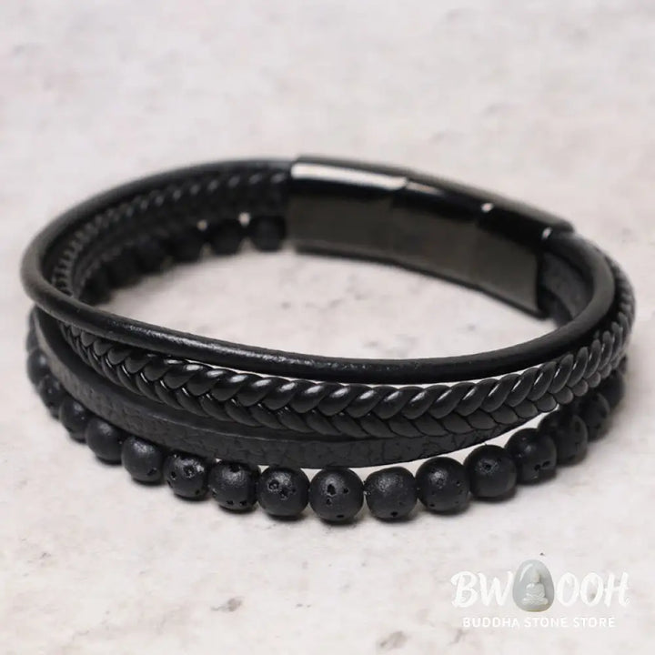 Buddha Stones Natural Lava Rock Black Onyx Bead Leather Bracelet - BWOOOH - Bracelet