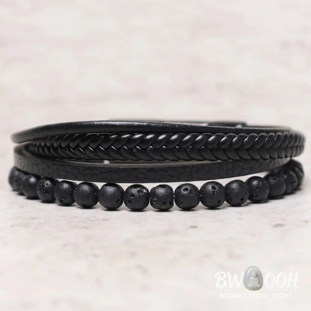Buddha Stones Natural Lava Rock Black Onyx Bead Leather Bracelet - BWOOOH - Bracelet