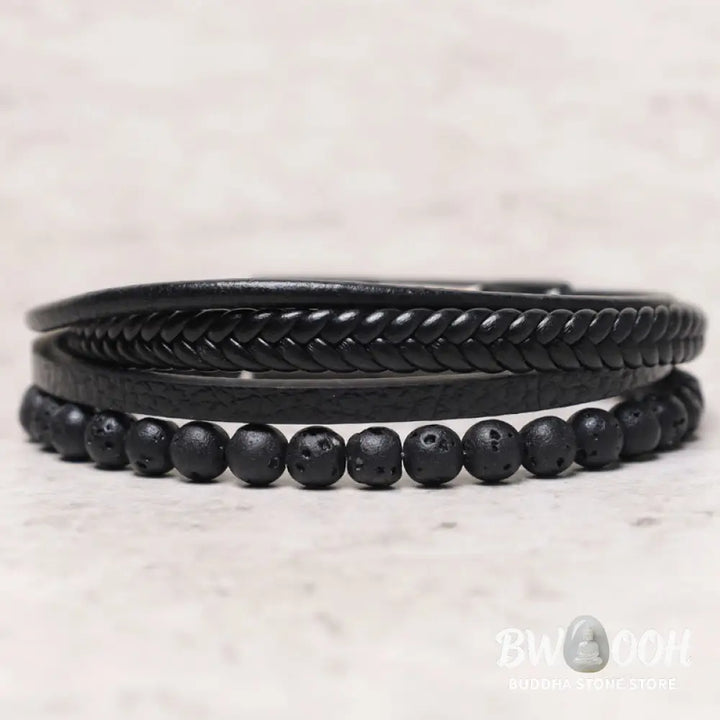Buddha Stones Natural Lava Rock Black Onyx Bead Leather Bracelet - BWOOOH - Bracelet