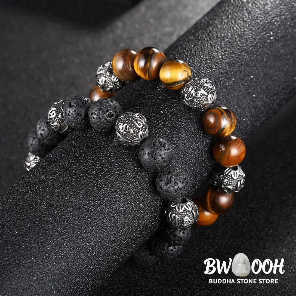 Buddha Stones Natural Lava Rock Tiger Eye Titanium Steel Six-True-Words Om Mani Padme Hum Healing Bracelet - BWOOOH