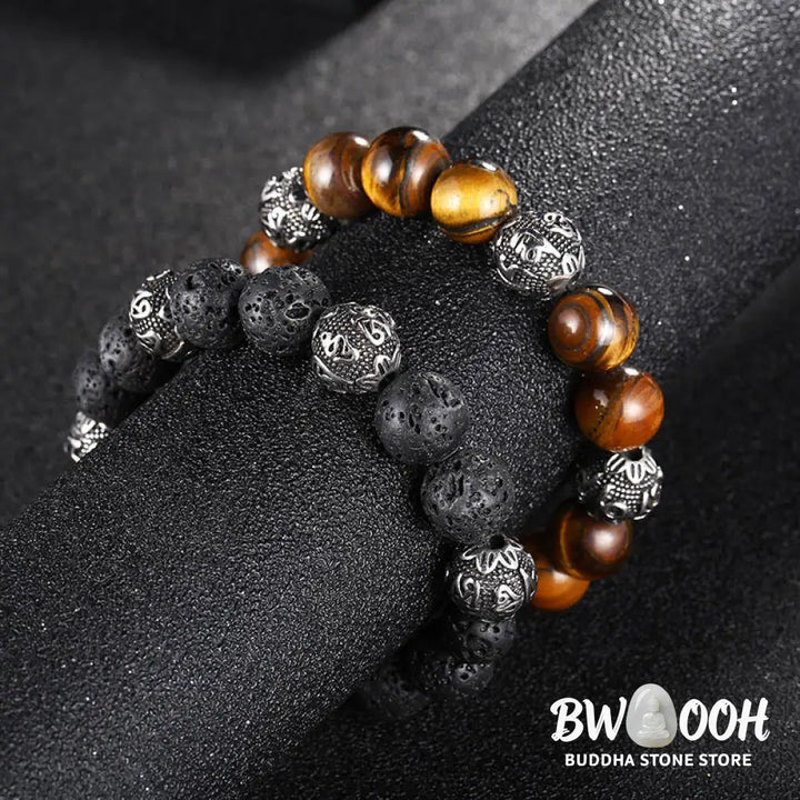 Buddha Stones Natural Lava Rock Tiger Eye Titanium Steel Six-True-Words Om Mani Padme Hum Healing Bracelet - BWOOOH