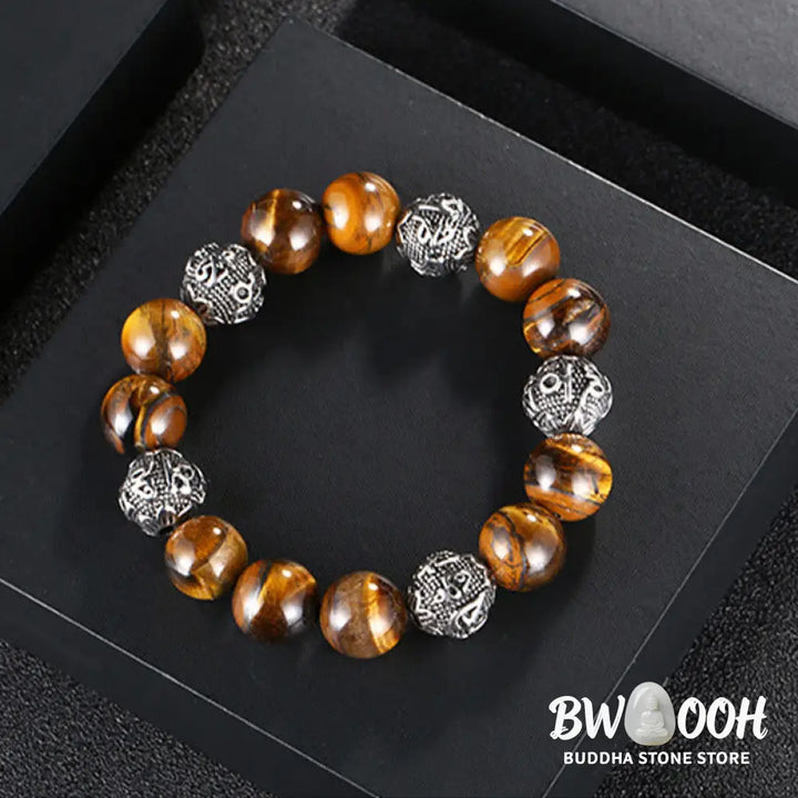 Buddha Stones Natural Lava Rock Tiger Eye Titanium Steel Six-True-Words Om Mani Padme Hum Healing Bracelet - BWOOOH