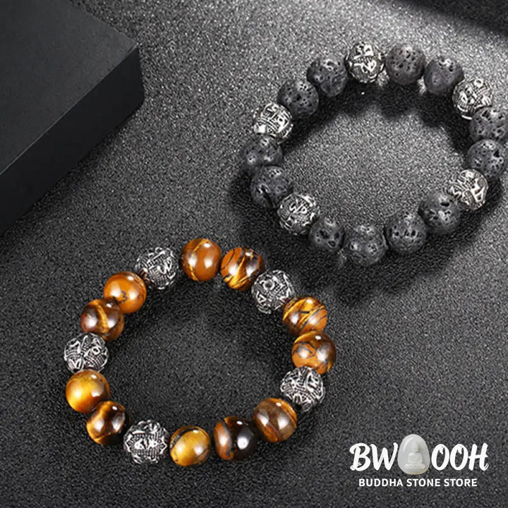 Buddha Stones Natural Lava Rock Tiger Eye Titanium Steel Six-True-Words Om Mani Padme Hum Healing Bracelet - BWOOOH