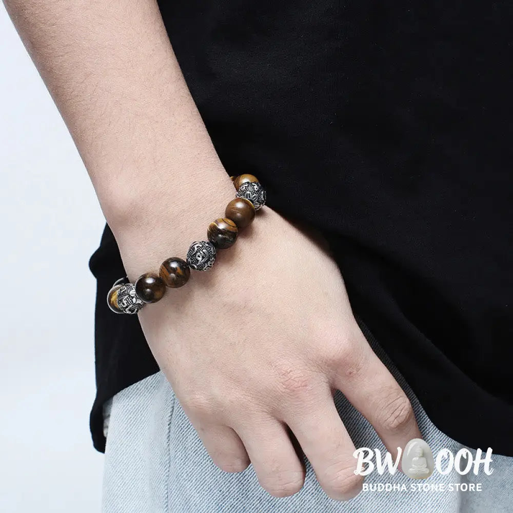 Buddha Stones Natural Lava Rock Tiger Eye Titanium Steel Six-True-Words Om Mani Padme Hum Healing Bracelet - BWOOOH