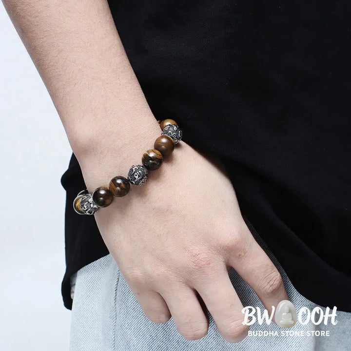 Buddha Stones Natural Lava Rock Tiger Eye Titanium Steel Six-True-Words Om Mani Padme Hum Healing Bracelet - BWOOOH