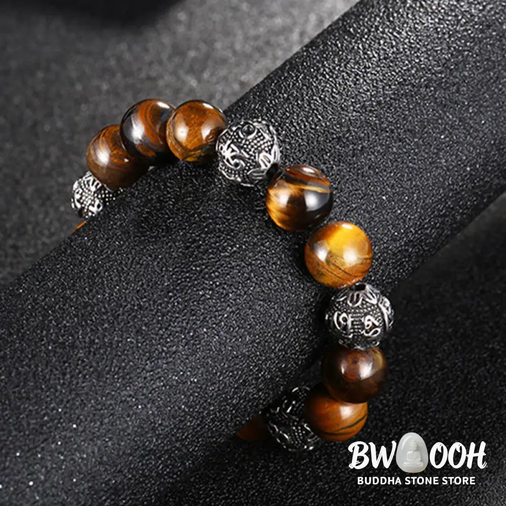 Buddha Stones Natural Lava Rock Tiger Eye Titanium Steel Six-True-Words Om Mani Padme Hum Healing Bracelet - BWOOOH