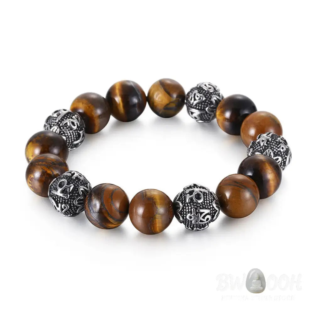 Buddha Stones Natural Lava Rock Tiger Eye Titanium Steel Six-True-Words Om Mani Padme Hum Healing Bracelet - BWOOOH