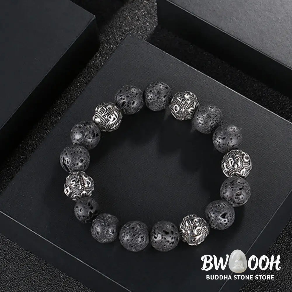 Buddha Stones Natural Lava Rock Tiger Eye Titanium Steel Six-True-Words Om Mani Padme Hum Healing Bracelet - BWOOOH