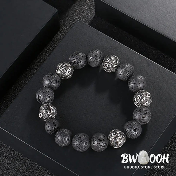 Buddha Stones Natural Lava Rock Tiger Eye Titanium Steel Six-True-Words Om Mani Padme Hum Healing Bracelet - BWOOOH