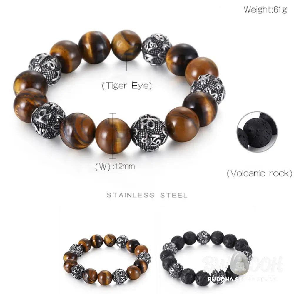 Buddha Stones Natural Lava Rock Tiger Eye Titanium Steel Six-True-Words Om Mani Padme Hum Healing Bracelet - BWOOOH