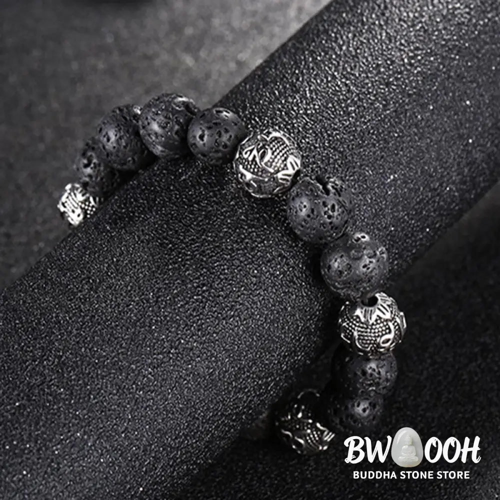 Buddha Stones Natural Lava Rock Tiger Eye Titanium Steel Six-True-Words Om Mani Padme Hum Healing Bracelet - BWOOOH