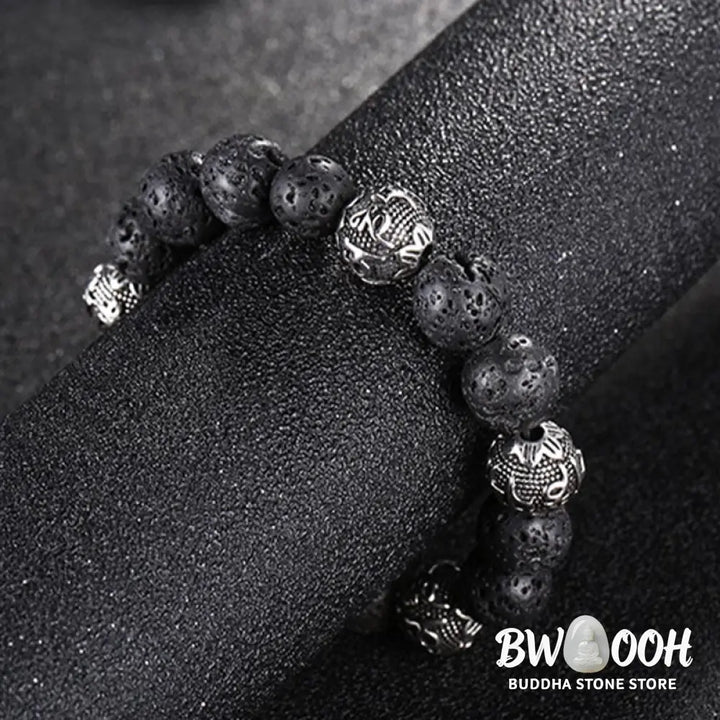 Buddha Stones Natural Lava Rock Tiger Eye Titanium Steel Six-True-Words Om Mani Padme Hum Healing Bracelet - BWOOOH