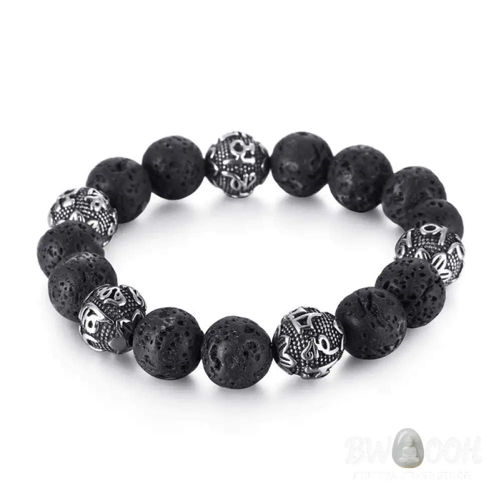 Buddha Stones Natural Lava Rock Tiger Eye Titanium Steel Six-True-Words Om Mani Padme Hum Healing Bracelet - BWOOOH