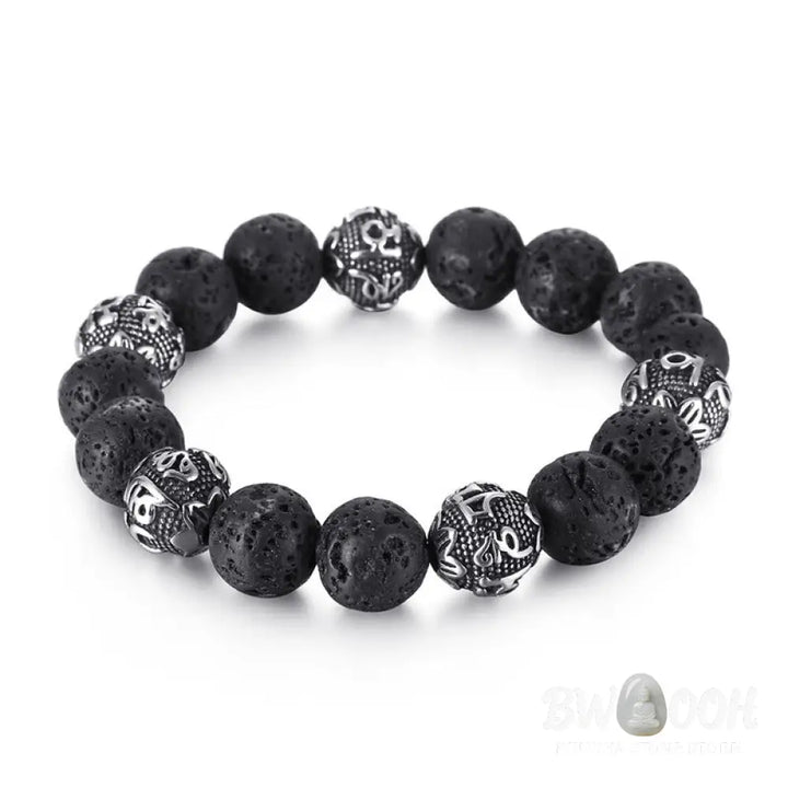 Buddha Stones Natural Lava Rock Tiger Eye Titanium Steel Six-True-Words Om Mani Padme Hum Healing Bracelet - BWOOOH