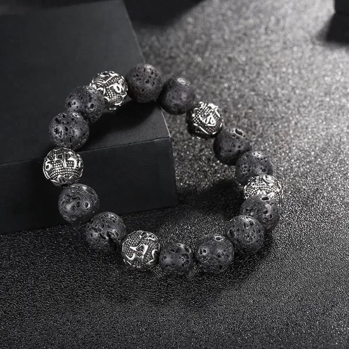 BWOOOH Natural Lava Rock Tiger Eye Titanium Steel Six-True-Words Om Mani Padme Hum Healing Bracelet - BWOOOH