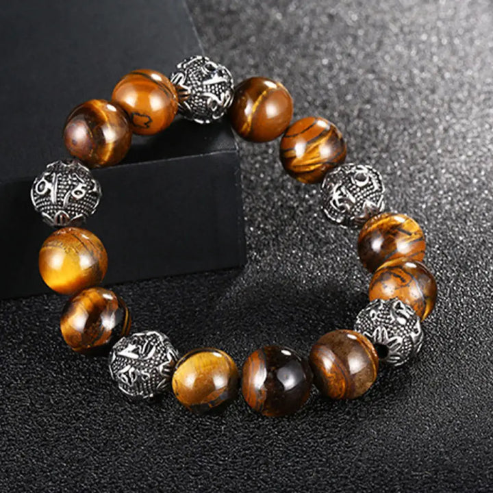Buddha Stones Natural Lava Rock Tiger Eye Titanium Steel Six-True-Words Om Mani Padme Hum Healing Bracelet - BWOOOH