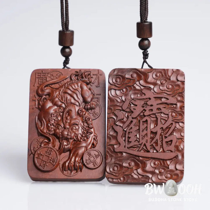 Buddha Stones Natural Lightning Struck Jujube Wood PiXiu Copper Coin Good Fortune Necklace Pendant - BWOOOH - Lightning