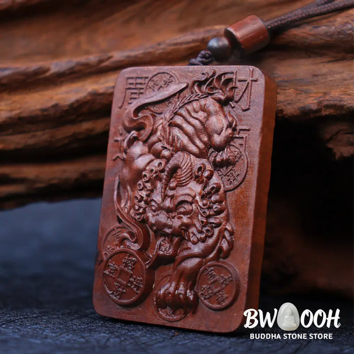 Buddha Stones Natural Lightning Struck Jujube Wood PiXiu Copper Coin Good Fortune Necklace Pendant - BWOOOH - Lightning